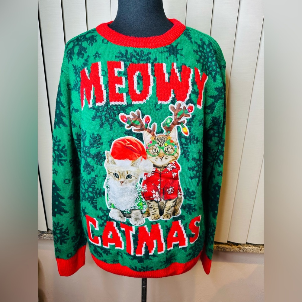 Party Sweater Ugly Christmas Sweater  Meowy Catmas Size Large